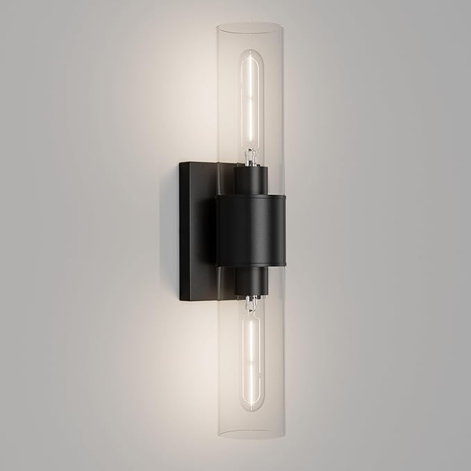 Tipace Black Bathroom Vanity Light Fixtures,Industrial Wall Sconces Clear Glass Wall Lights,Wall Lamp for Bathroom,Living Room, Bedroom,Hallway(Bulb not Include)