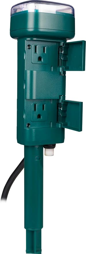 myTouchSmart Digital Outdoor Power Stake Timer, Dusk to Dawn Sensor, 6 Grounded Outlets, 2 Custom On/Off Times, 19in Cord, Weather Resistant Timer for Outdoor Lights, Green, 74516