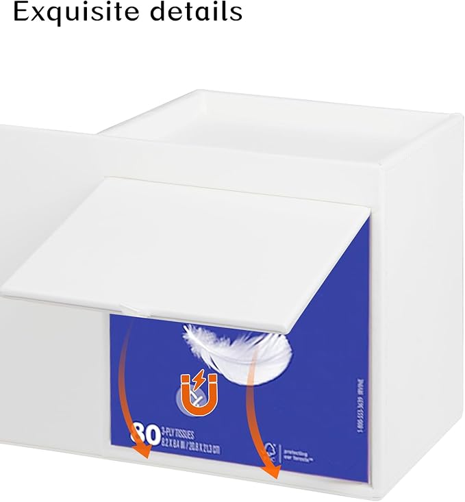 Leather Nightstand Organizer with Tissue Holder,White Square Tissue Box Cover with Organizer, Decorative Modern Facial Paper Storage Box for Bathroom Living Room Vanity Table Countertop Office