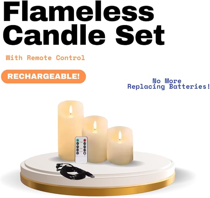 Rechargeable Flameless Candles Set of 3 | Real Wax LED Pillar Candles with Remote & Timer | Realistic Flickering Flame | Battery Operated | for Thanksgiving, Holiday, Halloween Decoration & Gift