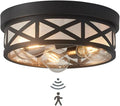 Adjustable Motion Sensor Flush Mount Ceiling Lights,3-Light Outdoor Ceiling Light Fixture for Entryway,Hallway,Porch,Patio,Storage Room and Garage,12 inch Round Matte Black Metal Modern Ceiling Lamp