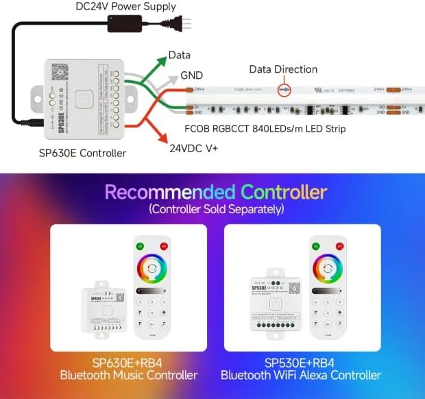 BTF-LIGHTING WS2811 Dual IC RGBCCT FCOB COB LED Strip,UL Listed High Density Chasing IC RGB Light+Tunable White 3000K-6000K,16.4FT 840LEDs/m,10mm Width IP66 DC24V 3M Tape(No Adapter or Controller)