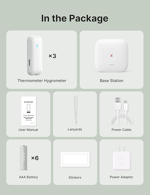 X-Sense Wi-Fi Temperature and Humidity Monitor, Indoor Humidity Meter with App Control, Temperature Sensor for House, Gardening, Free Data Storage Export, 3 Sensors & 1 Base Station