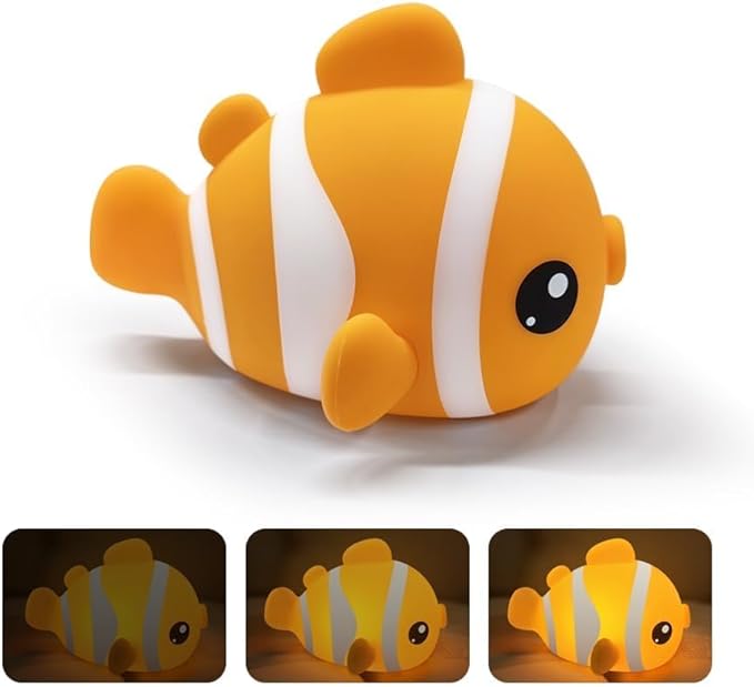 Cute Clownfish Night Light, Rechargeable LED Dimmable Silicone Lamp, Touch Control Novelty Bedside Light for Bedroom, Desk and Room Decor