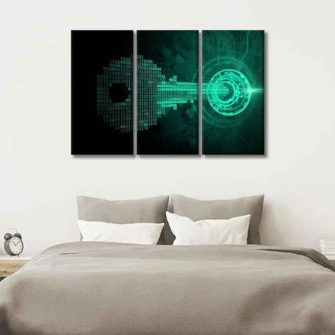 LSIUHWUWI 3 Panel Wall Art Cyber Security Concept Key Made from Binary Code Fits Iinto A Lock Picture Print on Canvas Wall Art for Living Room Decoration, Framed Ready to Hang, 20x40inchx3