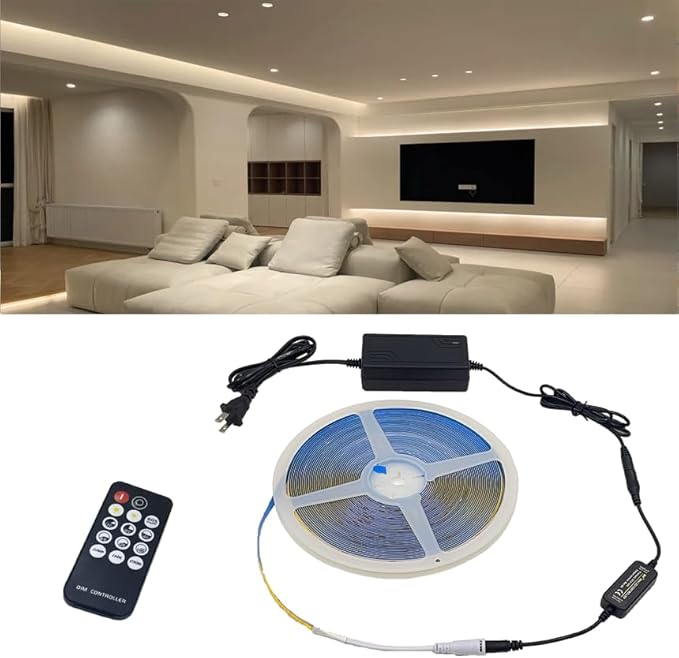 50ft 4000K DC 24V COB LED Strip Light ETL Listed, 0-100％ Brightness Dimmable Bright Warm White Led COB Strip Light, Led Strip Light for Stair, Cabinet, Room(Include AD/DC Adapter and Remote)