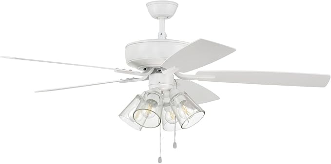 Craftmade P104W5-52WWOK Pro Plus 52" Ceiling Fan with LED Lights & Pull Chain, 5 Reversible White/Washed Oak MDF Blades, White