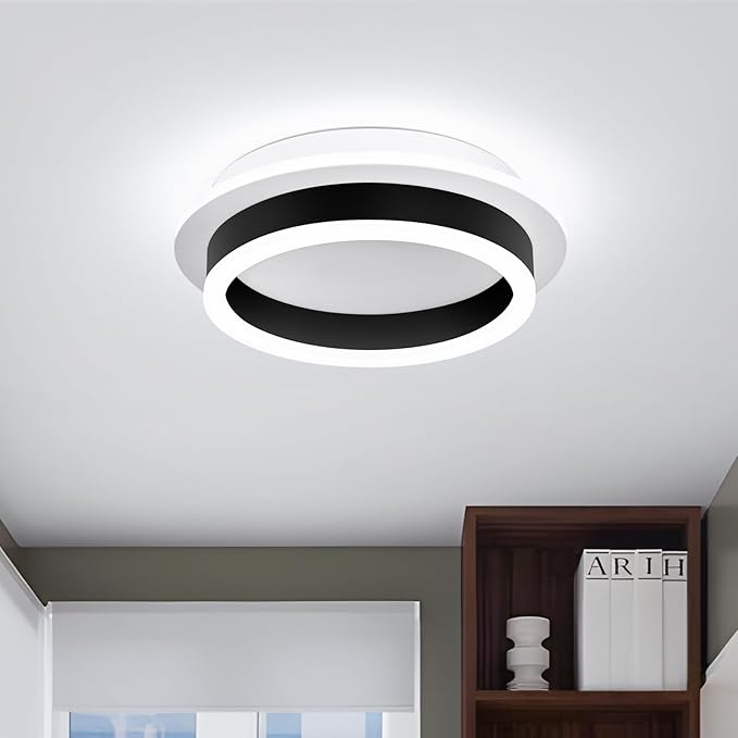 Round Modern LED Flush Mount Ceiling Lamp, 24W LED Light Fixture, Black Small Hallway Ceiling Light for Dining Room, Bedroom, Kitchen, Bathroom, Entryway Lighting (Cool White, 6000K)