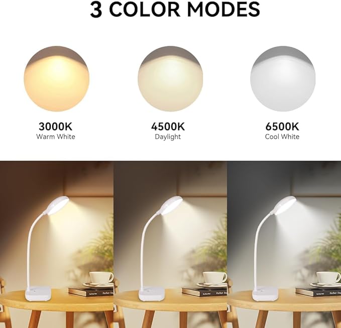 White Small Battery Powered Desk Lamp,Battery operated lamp,5W Rechargeable desk light,3 Colors,Adjustable brightness,360°Gooseneck Hose,Cordless lamps for small spaces,Eye-friendly and Energy Saving