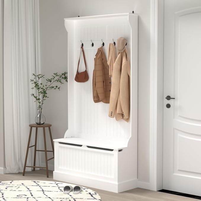 Hall Tree with Bench and Shoe Storage, Entryway Organizer with 5 Hooks, Cushioned Mudroom Storage Benchs with Coat Rack for Hallway and Living Room, White