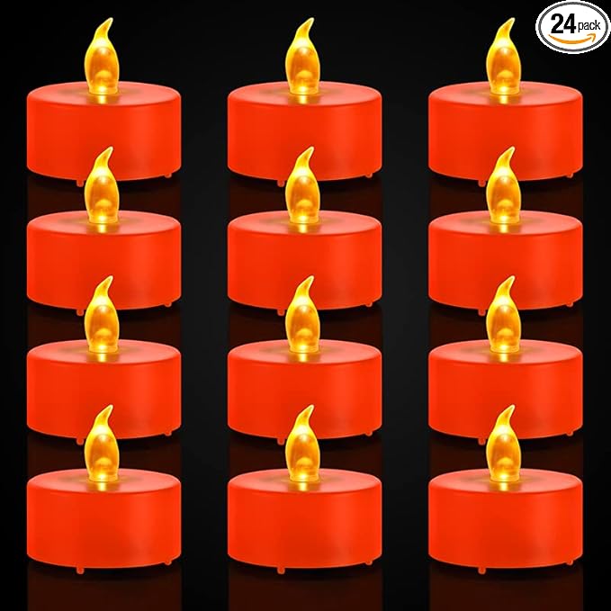 Battery Operated Tea Lights Candles: 24 Pack Realistic and Bright Flickering Holiday Gift Flameless LED Electric Candles for Seasonal & Festival Party Home Decoration Orange