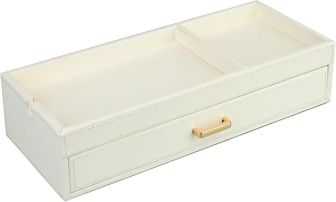 HofferRuffer Valet Jewelry Tray Organizer with Drawer, Faux Leather Storage Catchall Box Phone Charging Station Tray with Dresser Nightstand Desktop Drawer Organizer (White)