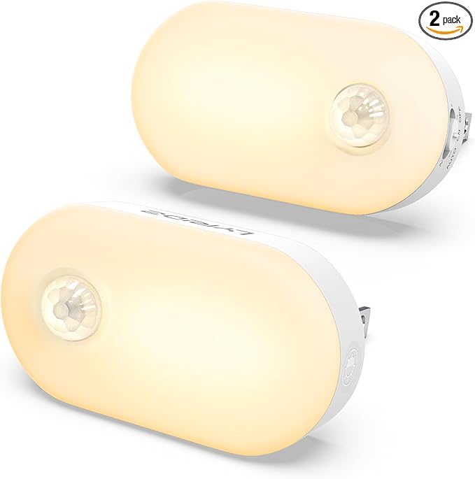 Lyridz Plug in Night Light with Motion Sensor, 120LM Superior Bright Smart Mini LED Nightlight, Warm White with Stepless Adjustable Brightness for Bathroom, Bedroom, Kitchen, Stairs, Hallway, 2 Pack
