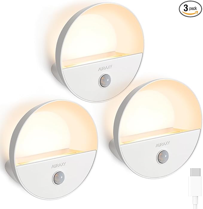 Rechargeable Battery Night Light, Motion Sensor Night Light, LED Warm White Magnetic Stick-on Motion Sensored Hallway Light, with Dusk to Dawn Sensor for Stairs, Wall, Closet, Cabinet (3 Pack)