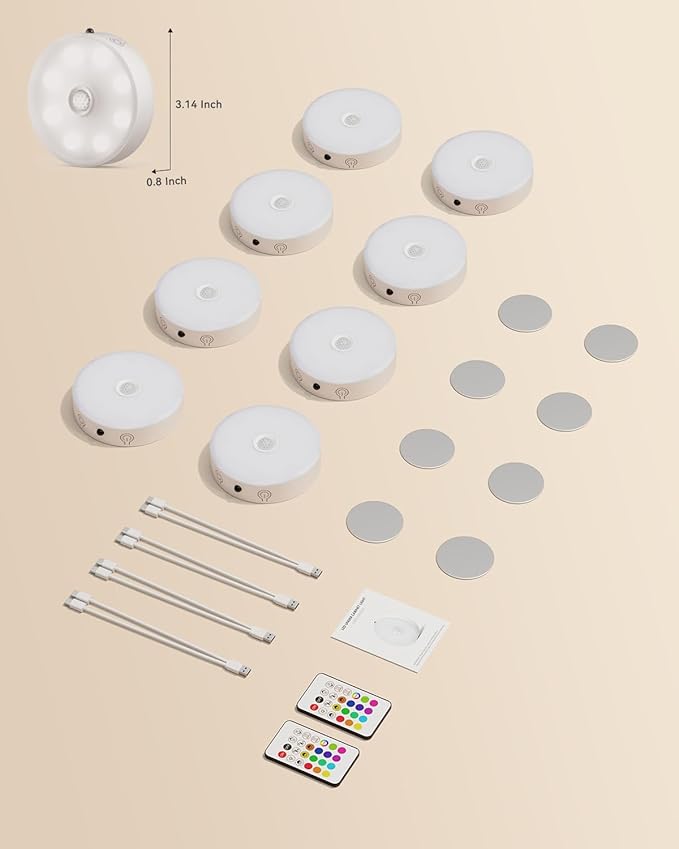 Puck Lights with Remote, Rechargeable Under Cabinet Lighting, 3 Color Temps, 12 RGB Color LED Motion Sensor Lights Wireless, Dimmable Tap Lights for Closet, Kitchen, Shelf, Stair, 8 Pack