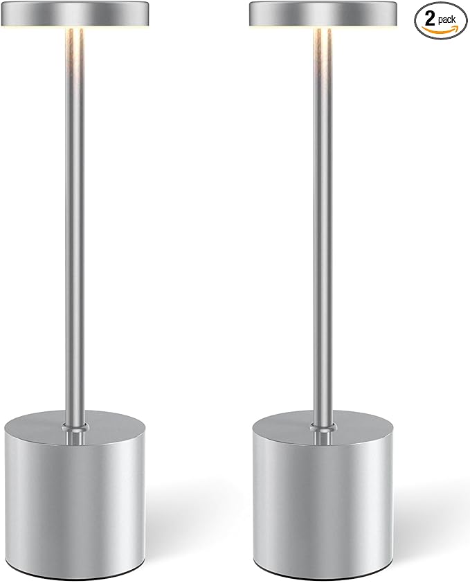 Silver Cordless Table Lamp Rechargeable - 2 Pack 5000mAH Battery Operated Lamp for Counter, 3 Color Stepless Dimming Waterproof LED Wireless Lamp for Dining Kitchen, Outdoor Patio, Touch Control