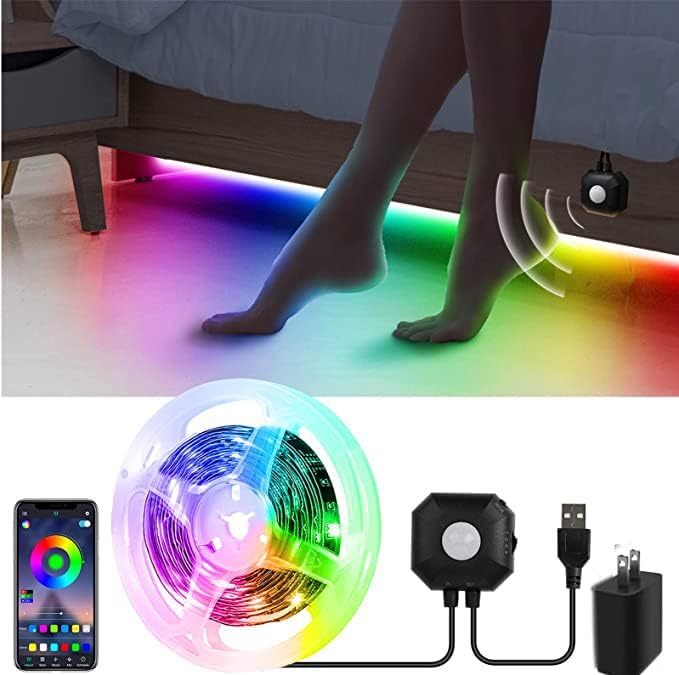 Motion Activated Under Bed Lights, 9.84ft 5050 RGB Color Changing LED Strip Lights with Sensor, APP Control and Music Sync, Dimmable Night Light for Bedroom Stair Birthday' s Day Gift