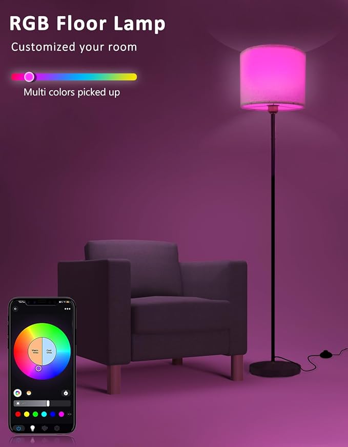 YHW Floor lamp for Living Room Works with Alexa & Google, White Linen Lamp Shade LED Bright Tall Standing Smart Floor Lamp with Remote for Bedroom Office, Modern Color Changing Dimmable WiFi Light.