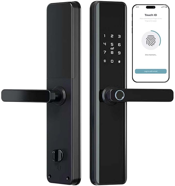 Smart Door Lock with Handle – Keyless Entry Deadbolt with Fingerprint, Touchscreen Keypad, Tuya App Control, Passcode & Key, Doorbell, Auto Lock Electronic Front Door Lock for Home Security, Black