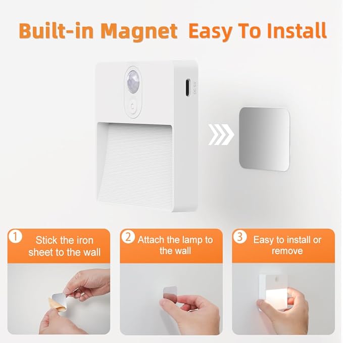 ASAWASA LED Motion Sensor Night Light, 7 Colors Rechargeable Magnetic Decor Wall Lights, Dimmable, Suitable for Bathroom hallways bedrooms Kitchen cabinets Staircase