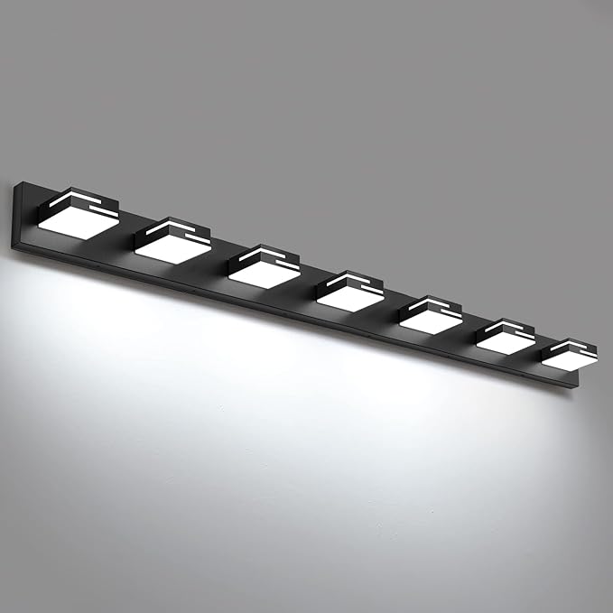 LED Modern Bathroom Vanity Light Fixtures, 7-Light 48-inch Dimmable Matte Black Vanity Lights for Bathroom Lighting Fixtures Over Mirror, with 350° Rotatable Acrylic Heads (Cool White 6000K)