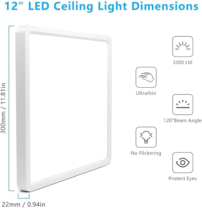 12Inch 24W Square LED Ceiling Light Fixtures Flush Mount, 5000K Daylight White LED Ceiling Lamp, Surface Mount Modern Ceiling Lights, Slim Flat Panel Lighting for Bedroom, Kitchen, Bathroom Etc.
