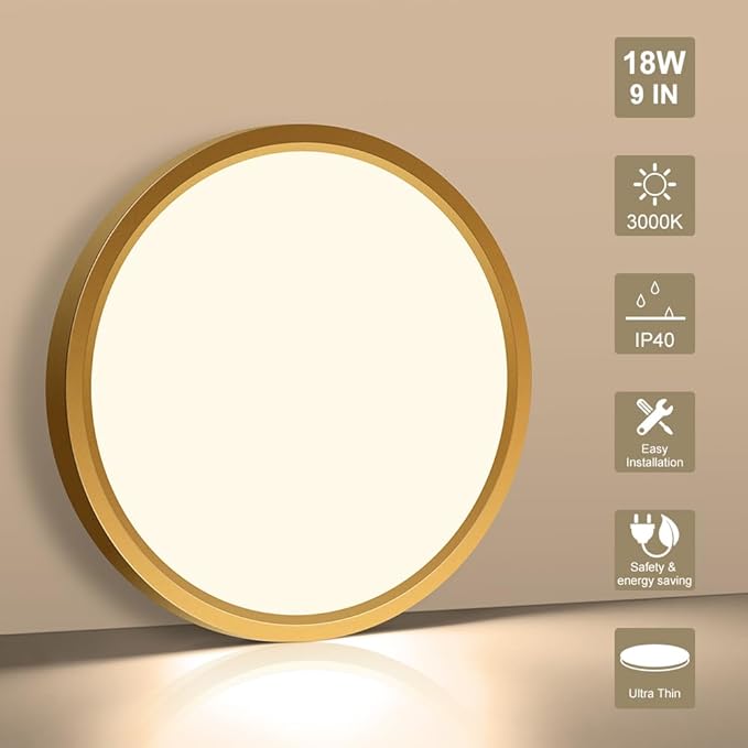 9 Inch Gold LED Flush Mount Ceiling Light, 18W 1800LM 3000K Warm White, Low Profile Round LED Ceiling Light Fixture for Bedroom, Closet, Hallway, Stairwell, Kitchen, Porch (2 Pack)