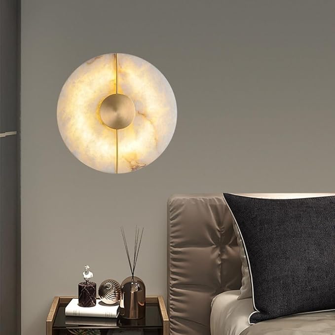 White Alabaster Wall Sconce Brass Natural Marble Wall Sconce Vintage Gold Round Store Modern LED Wall Light Fixture Mid Century Wall Mounted Lamp for Bedroom Hallway Living Room Bathroom