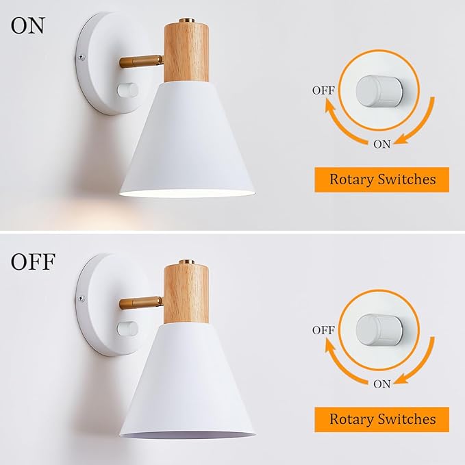 ClanKin Wall Sconces Lighting, White Wood Style Wall Sconce Reading Lamp, Adjustable Wall Light for Bedroom Hallway Living Room (White-Hardwired, 1)