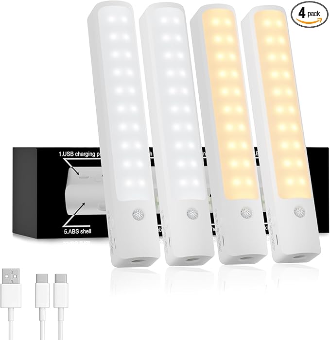 4 Pack Under Cabinet Lighting Motion Sensor Lights, 3 Color Temperatures, Rechargeable LED Lights, Equipped with a 2-in-1 Charging Cable, Suitable for Kitchens, Stairs, Wardrobes