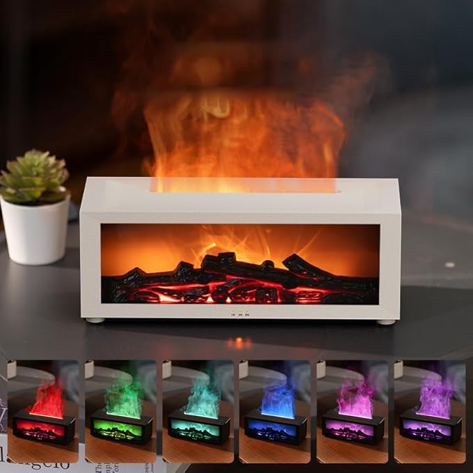 Saker Fireplace Flame Oil Aroma Diffuser 2025 Upgraded|7 Color Changing Lights Aromatherapy Air Diffuser|Essential Oil CoolMist Humidifier with Timer&Remote|Home,Office,Bedroom,Yoga,Room Deco (White)