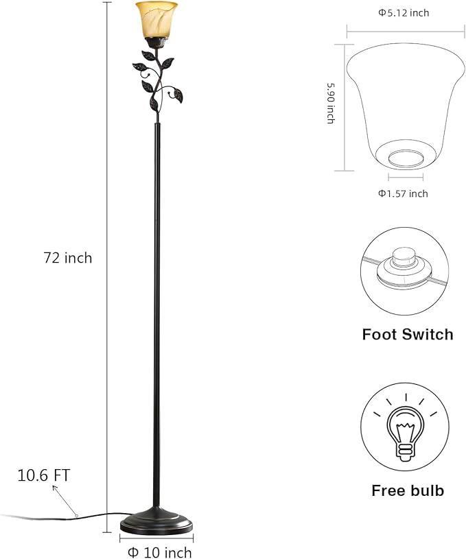 RORIANO 72” Flower Farmhouse Floor Lamp for Living Room, Unique Rustic Leaf Tall Standing Lamp with Amber Glass Shade and Traditional Foot Switch for Bedroom, Corner, Office, Bulb Included (Bronze)