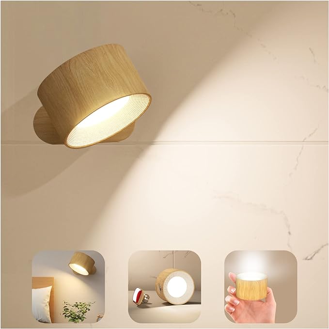 Koopala LED Sconces, Wall Mounted Lamps with Rechargeable Battery Operated USB Port 3 Color Temperatures & 3 Brightness Levels 360°Rotate Magnetic Ball, Cordless Lights for Reading Bedside