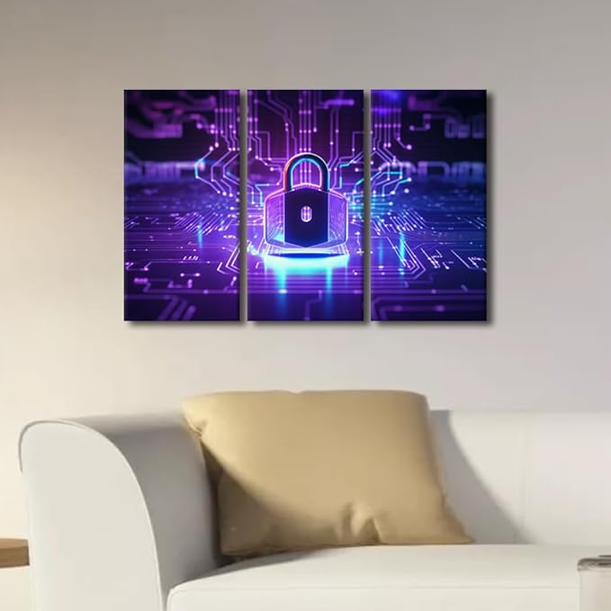 TUMOVO Artificial Intelligence Wall Art 3 Pieces Cyber Security Concept Pictures Print on Canvas Wall Art for Home Office Wall Decoration, Wooden Framed Ready to Hang, 36" Wx24 H