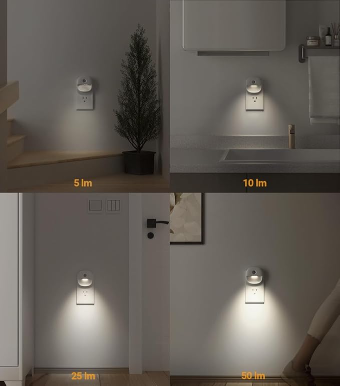 Lyridz Plug in Night Light with Motion Sensor and Dusk to Dawn Sensor, Dimmable Cool White Nightlight with 1-50lm Adjustable Brightness for Bedroom, Bathroom, Stairs, Hallway, 2 Pack