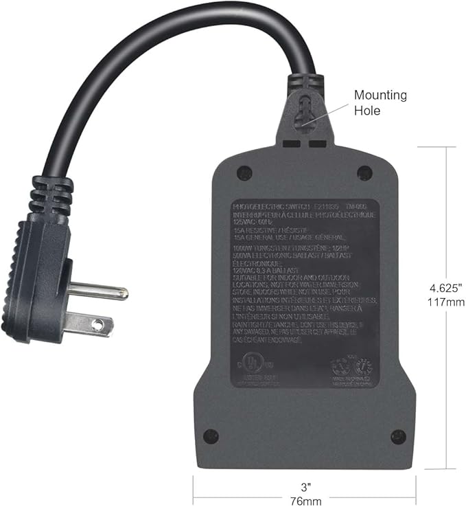 Outdoor 24-Hour Light Timer, Water Resistant, Photocell Dusk to Dawn Light Sensor Countdown Timer, 14AWG Cord, Two Grounded Outlets for Home, Christmas Lights, Garden.15A, UL Listed.