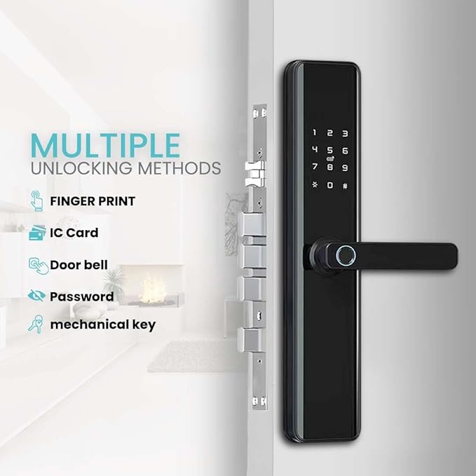 Smart Door Lock with Handle – Keyless Entry Deadbolt with Fingerprint, Touchscreen Keypad, Tuya App Control, Passcode & Key, Doorbell, Auto Lock Electronic Front Door Lock for Home Security, Black