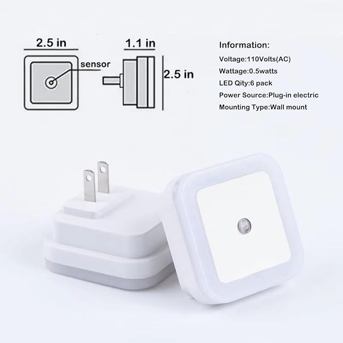 JININQ Night Light 0.5W Plug in Night Light Smart Sensor Dusk to Dawn Sensor LED Lamp，Bright Nightlight Auto-On/Off for Kitchen,Bathroom,Bedroom,Hallway,6 Pack (White Color)