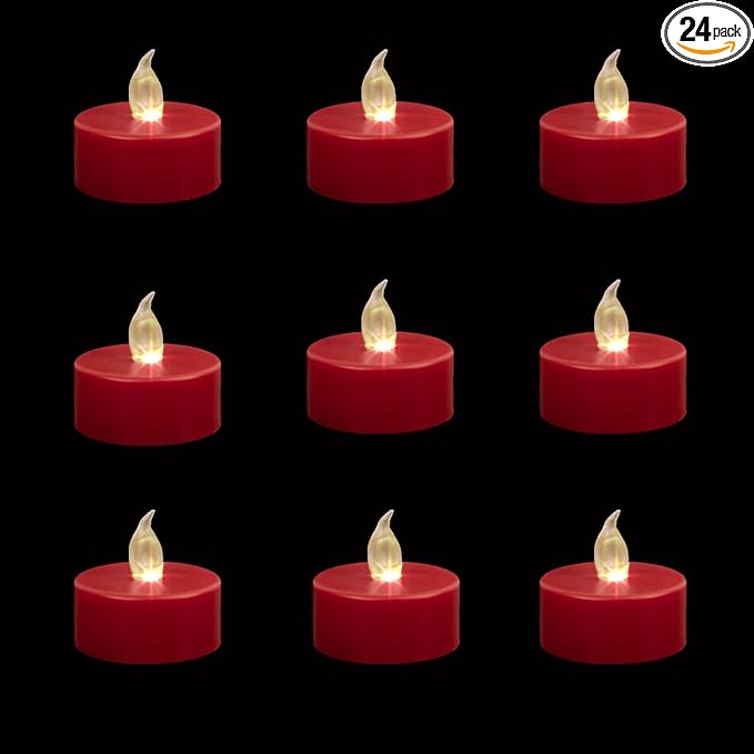 Tea Lights Flameless Battery Operated Candles-24 Pack Red LED Flickering Votive Candle Long Lasting 200 Hours, Realistic and Bright for Seasonal Festive Celebrations Decoration