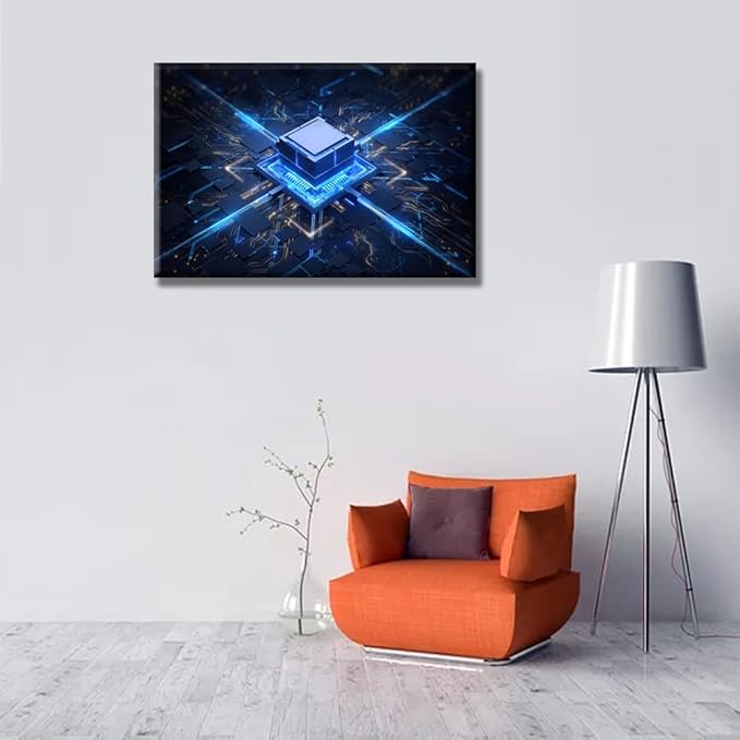 LSIUHWUWI Wall Painting CPU Concept House Decoration for Living Room Motherboard Digital Chip Canvas Wall Art Digital Age Wall Decor for Living Room Framed Ready to Hang 16X24 INCH