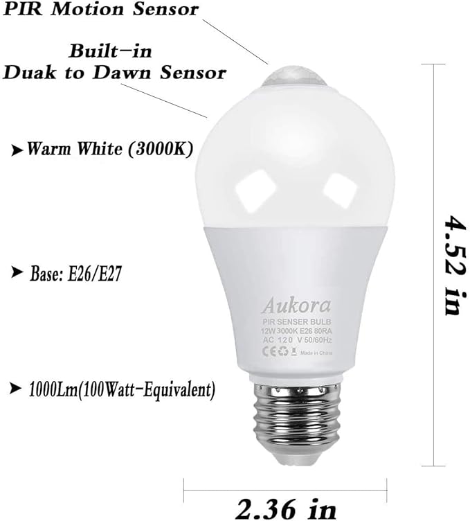 Motion Sensor Light Bulbs, Aukora 12W (100-Watt Equivalent) E26 Motion Activated Dusk to Dawn Security Light Bulb Outdoor/Indoor for Front Door Porch Garage Basement Hallway Closet(Warm White 1 Pack)