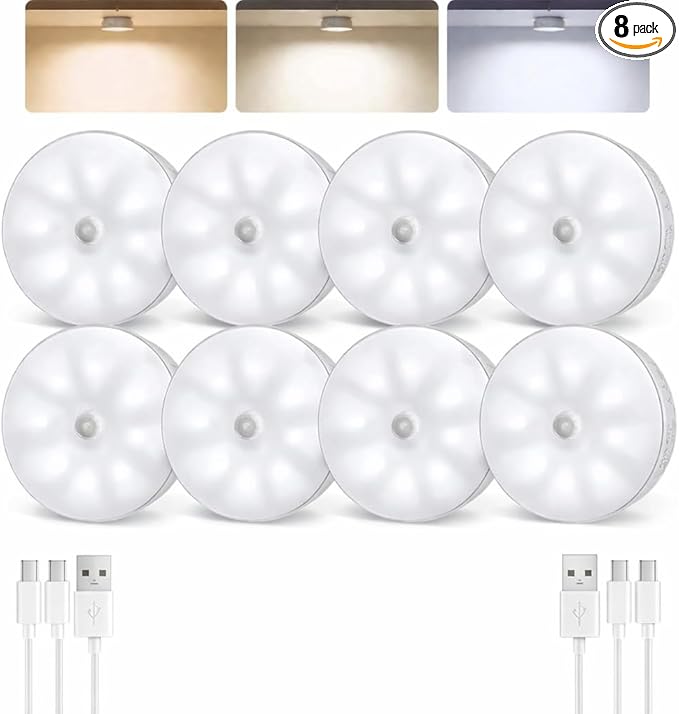 EZVALO 8 Pack Motion Sensor Closet Lights, 1200mAh Rechargeable Under Cabinet Lights, Night Lights, Puck Lights, Dimmable, 3 Color Temps, Magnetic, Stick on for Kitchen, Stairs, Closet