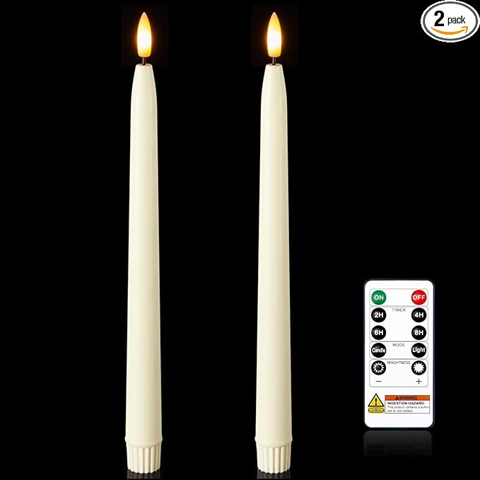 Homemory 11 inches Waxy Flameless Taper Candles with Remote Timer Dimmer, 2 Pcs Battery Operated Taper Candles with Flickering Flame, Ivory LED Candlesticks for Wedding, Christmas Indoor Decoration