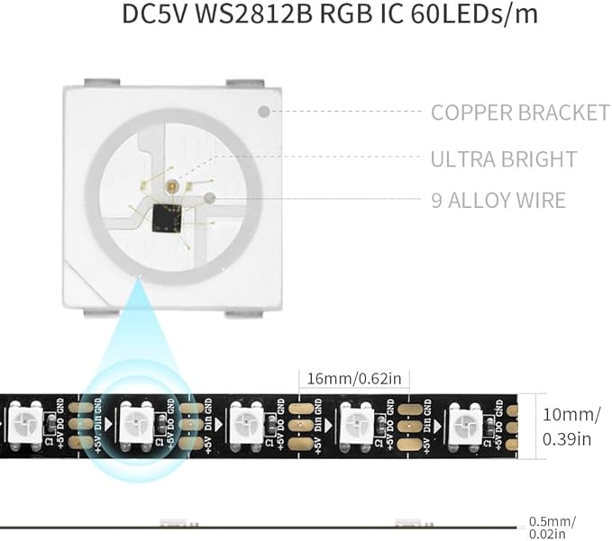 WS2812B IC RGB 5050SMD ECO Individual Addressable LED Strip Light, 16.4FT 300LED 60LED/m Flexible Full Color IP30 DC5V Black PCB for DIY Project (No Power Adapter or Controller)