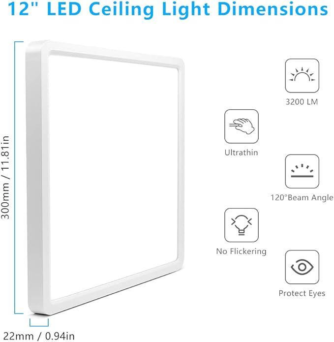 12Inch 24W Square LED Ceiling Light Fixtures Flush Mount, 4000K Natural White LED Ceiling Lamp, Surface Mount Modern Ceiling Lights, Slim Flat Panel Lighting for Bedroom, Kitchen, Bathroom Etc.