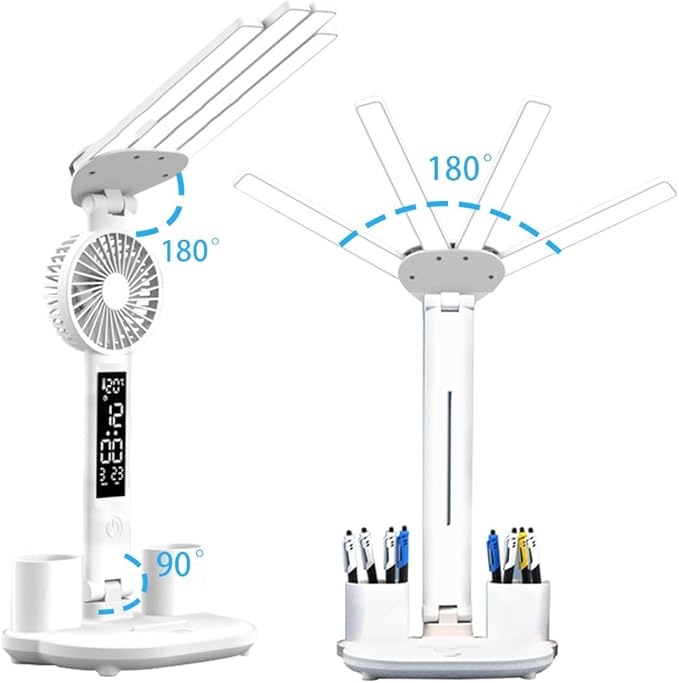 Led Desk Lamp with Fan Study Light with Clock, Adjustable Foldable Table Lamp with Pen Holder, 3 Brightness Levels, USB Charging Port