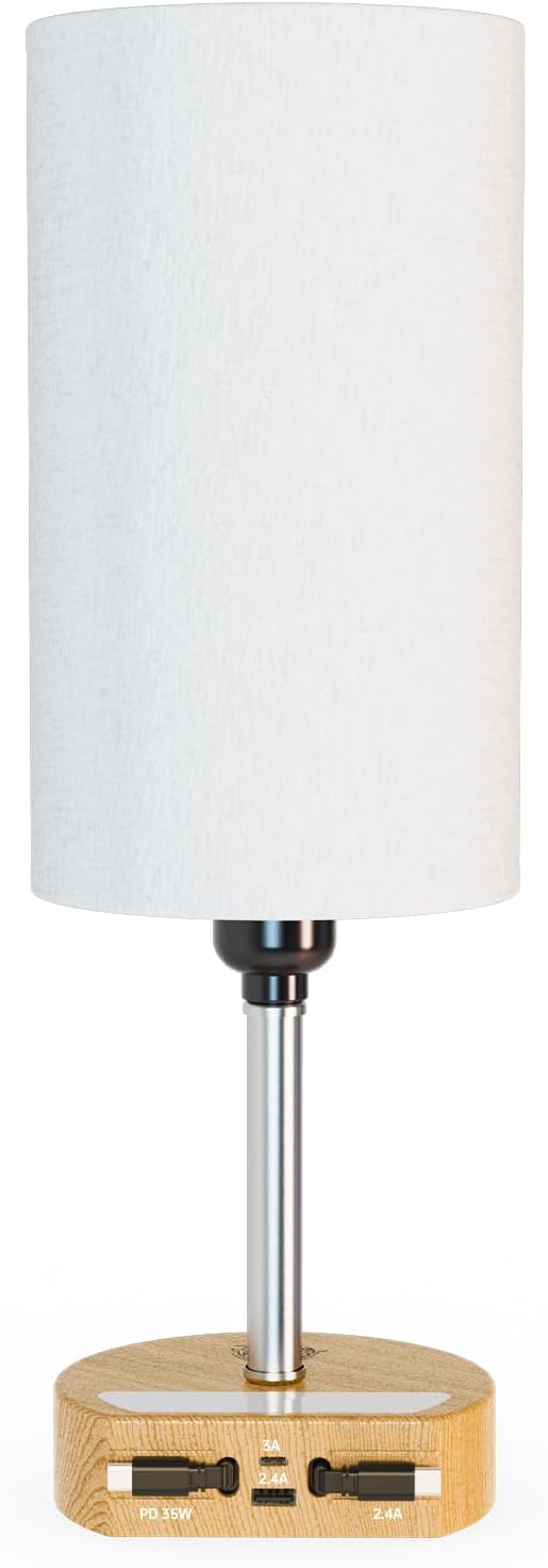 Bedside Lamp with Charging Station 74W【2 * 3.94ft Retractable Cords & 2 USB Ports】, 3 Way Dimmable Touch Lamps for Nightstand with LED Bulb, Small Desk Lamp, Set of 2, Yellow Wood Grain