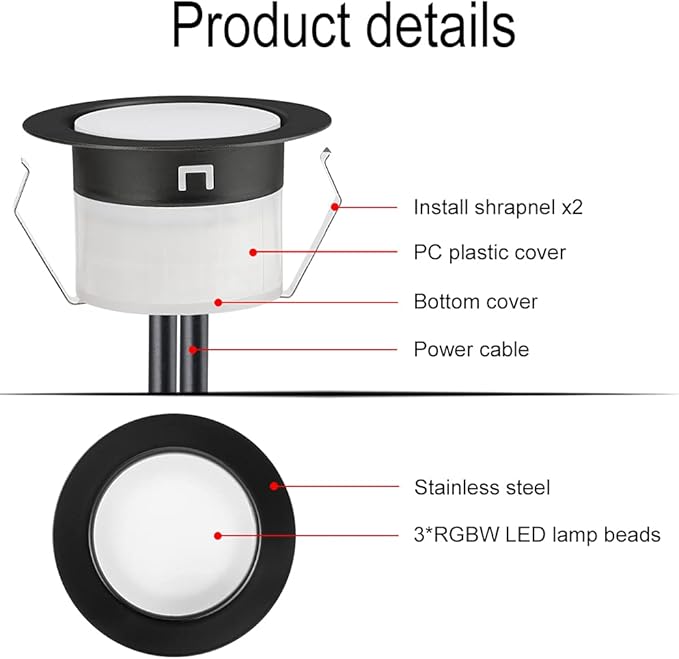 Sumaote 50pc LED Deck Lights Kit, Smart RGBW Φ1.22 Low Voltage Recessed Lighting IP67 Waterproof In-ground Landscape Lights for Steps, Wedge, Deck, Patio - Black Shell