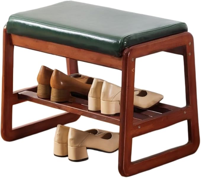 Solid Wood Shoe Bench, 2-Tier Wooden Entryway Bench, Modern Shoe Rack with Faux Leather Cushion for Hallway, Living Room (Green, 21.65'')