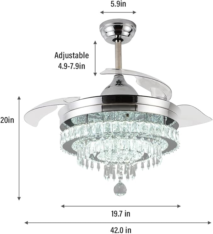 42" Dimmable Fandeliers Modern Crystal Chandeliers Ceiling Fans 6 Speeds Adjustable, with Memory and Timing Functions, APP & Remote Control Fandelier for Living Dining Room Bedroom